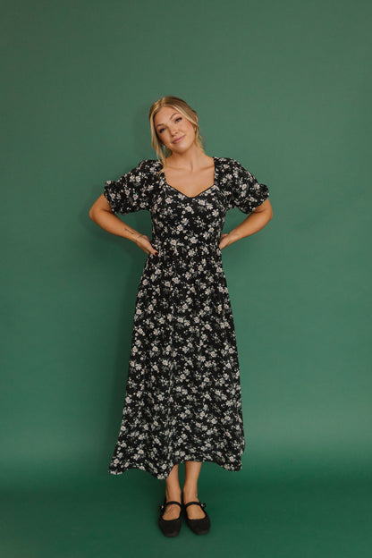 THE EMMY LOU DRESS IN BLACK FLORAL BY PINK DESERT