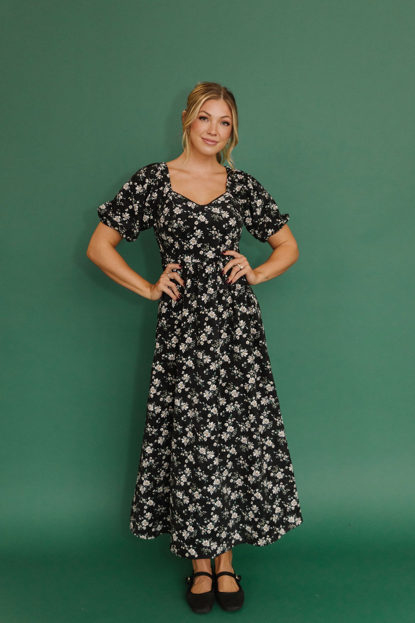 THE EMMY LOU DRESS IN BLACK FLORAL BY PINK DESERT