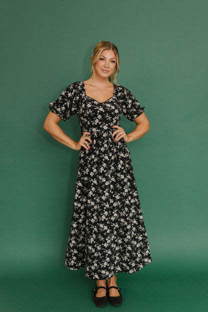 THE EMMY LOU DRESS IN BLACK FLORAL BY PINK DESERT