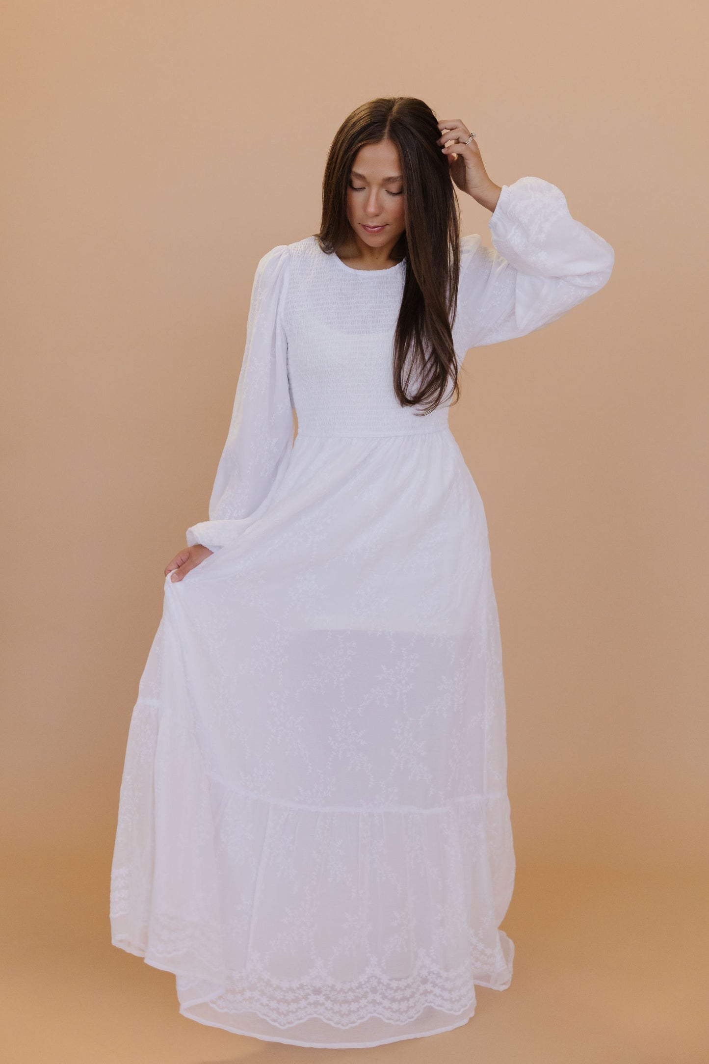 THE REECE SMOCKED MAXI DRESS IN PURE WHITE
