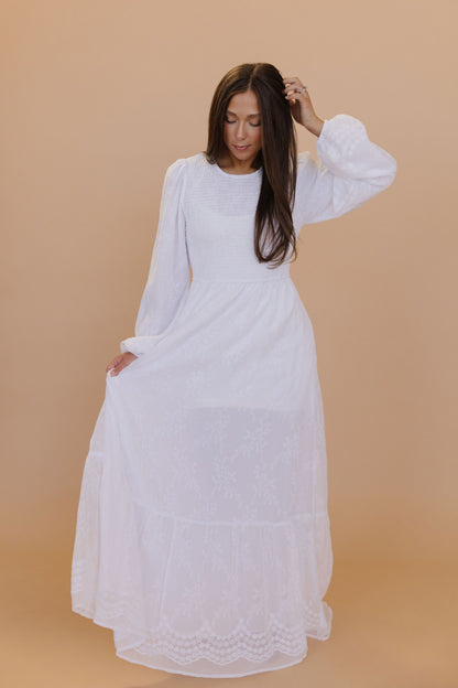 THE REECE SMOCKED MAXI DRESS IN PURE WHITE