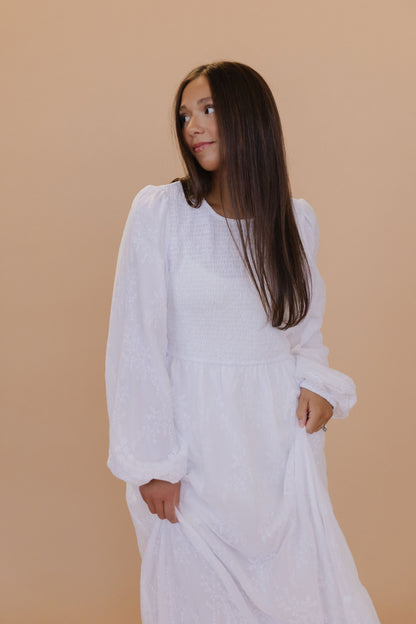 THE REECE SMOCKED MAXI DRESS IN PURE WHITE