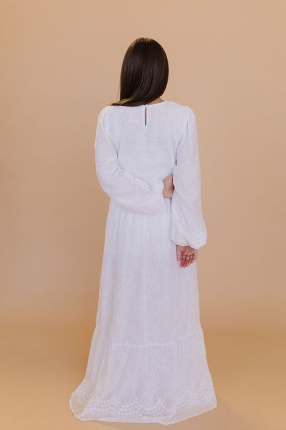 THE REECE SMOCKED MAXI DRESS IN PURE WHITE
