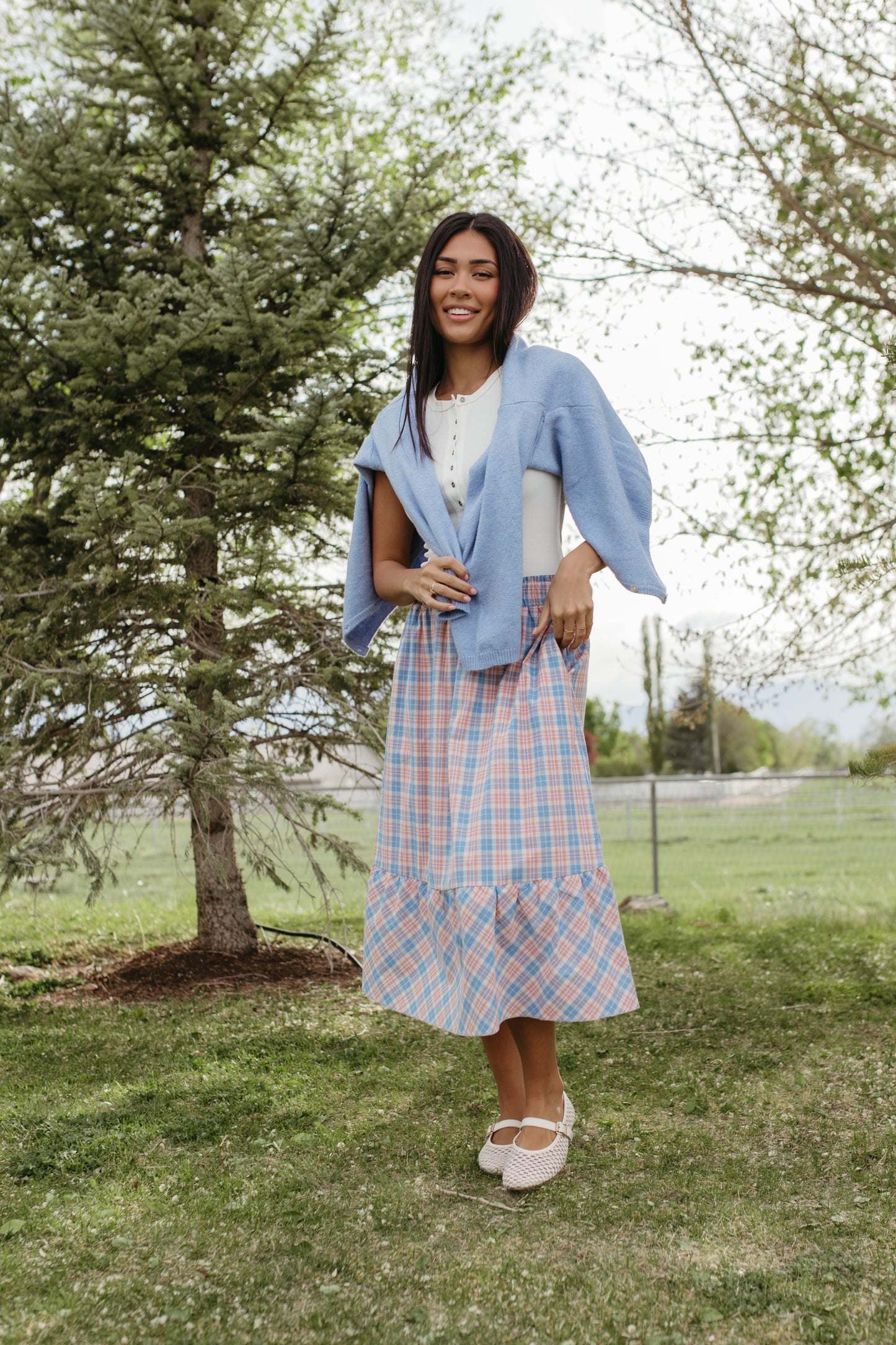 THE GIANNA GINGHAM MIDI SKIRT IN BLUE