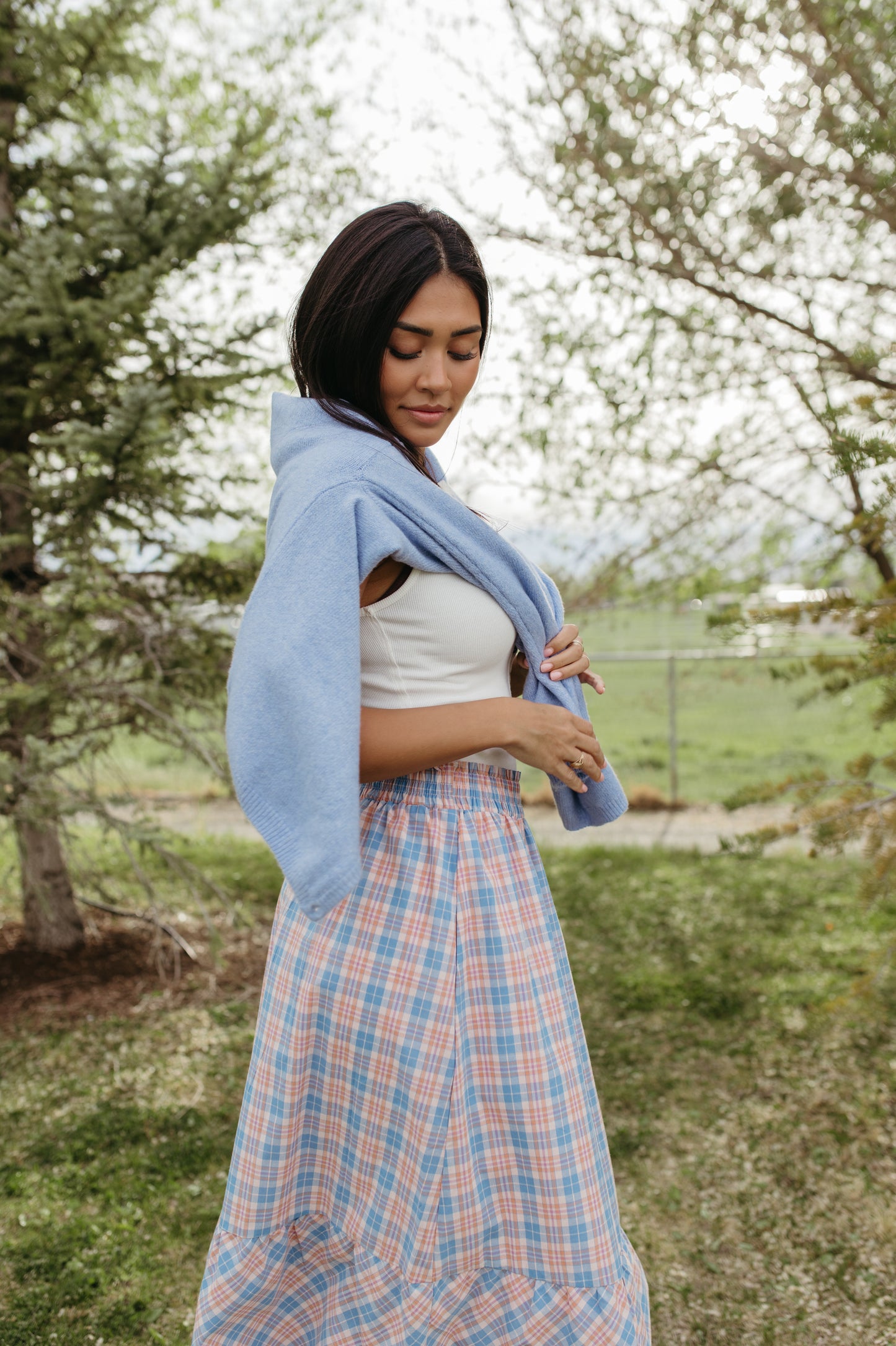 THE GIANNA GINGHAM MIDI SKIRT IN BLUE
