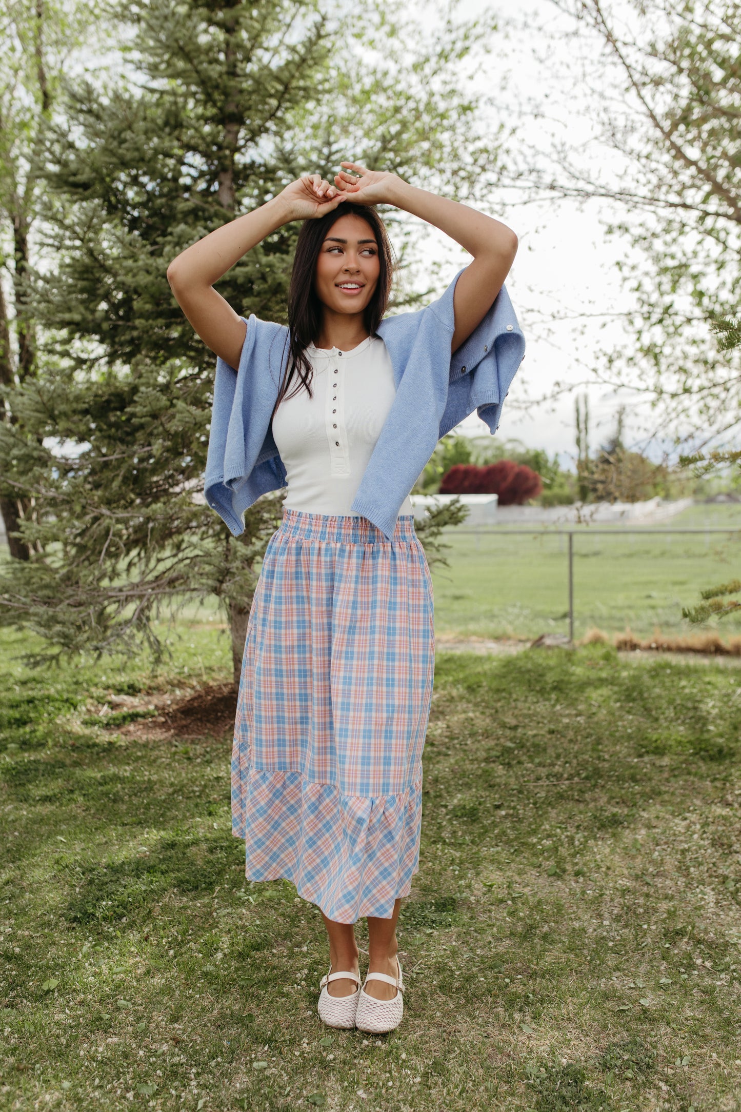 THE GIANNA GINGHAM MIDI SKIRT IN BLUE