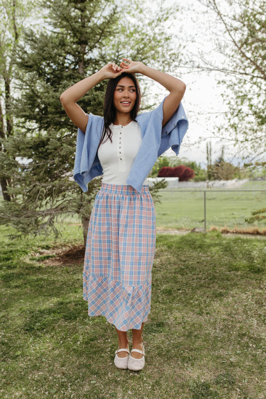 THE GIANNA GINGHAM MIDI SKIRT IN BLUE