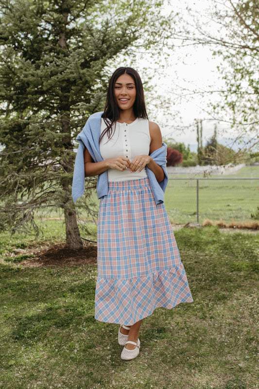 THE GIANNA GINGHAM MIDI SKIRT IN BLUE