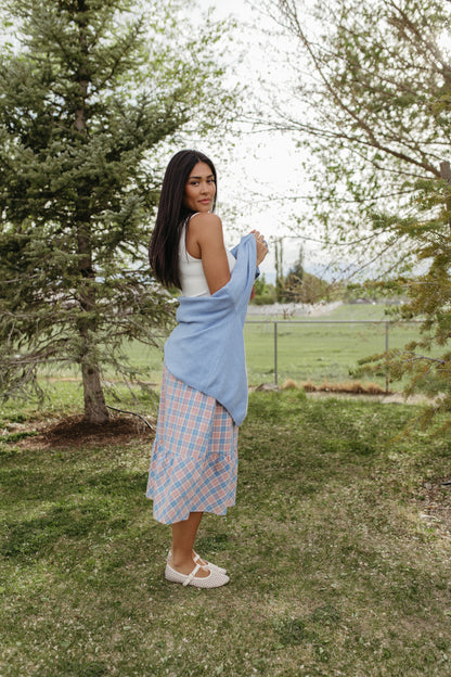 THE GIANNA GINGHAM MIDI SKIRT IN BLUE