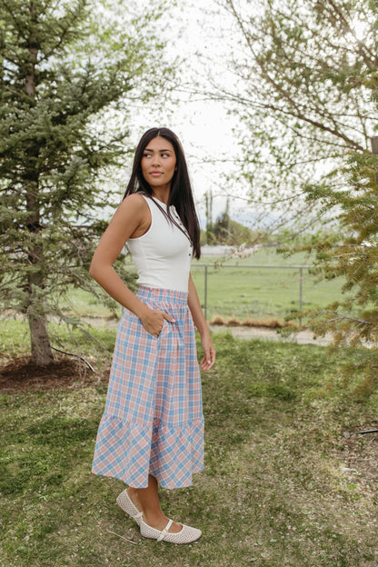 THE GIANNA GINGHAM MIDI SKIRT IN BLUE