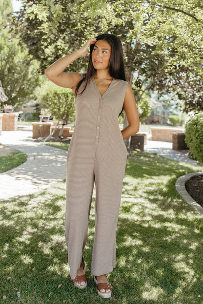 THE ESME STRIPE BUTTON KNIT JUMPSUIT IN COFFEE