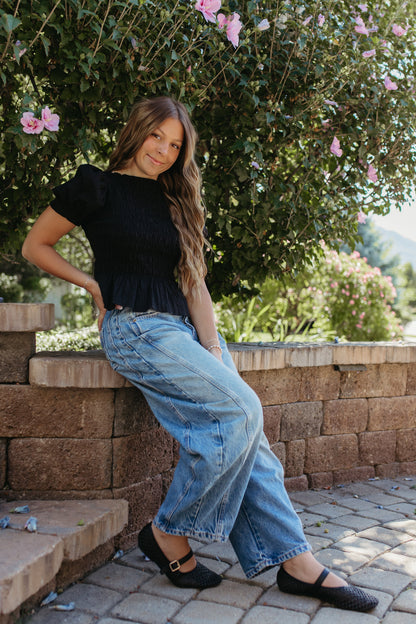 THE CAMILA PUFF SLEEVE SMOCKED TOP IN BLACK