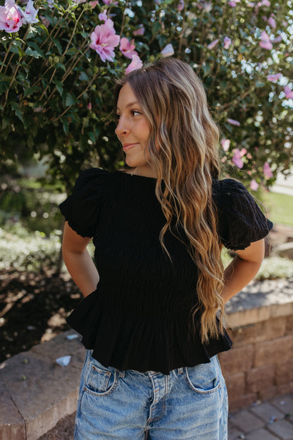 THE CAMILA PUFF SLEEVE SMOCKED TOP IN BLACK