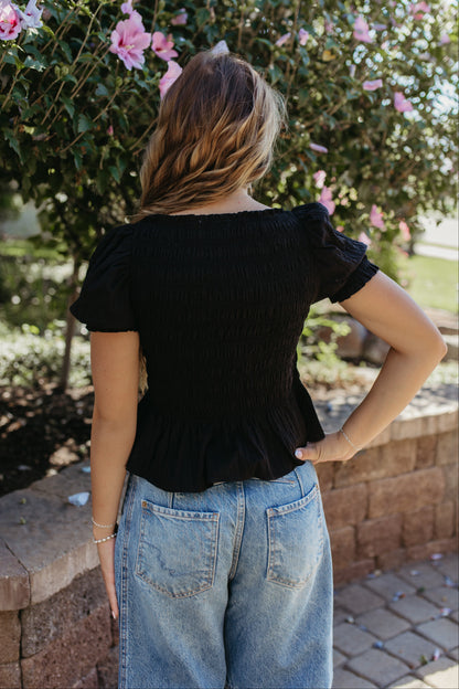THE CAMILA PUFF SLEEVE SMOCKED TOP IN BLACK