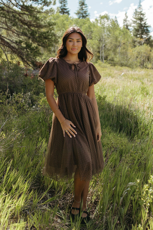 THE NATALIE POLKA DOT MIDI DRESS IN MOCHA