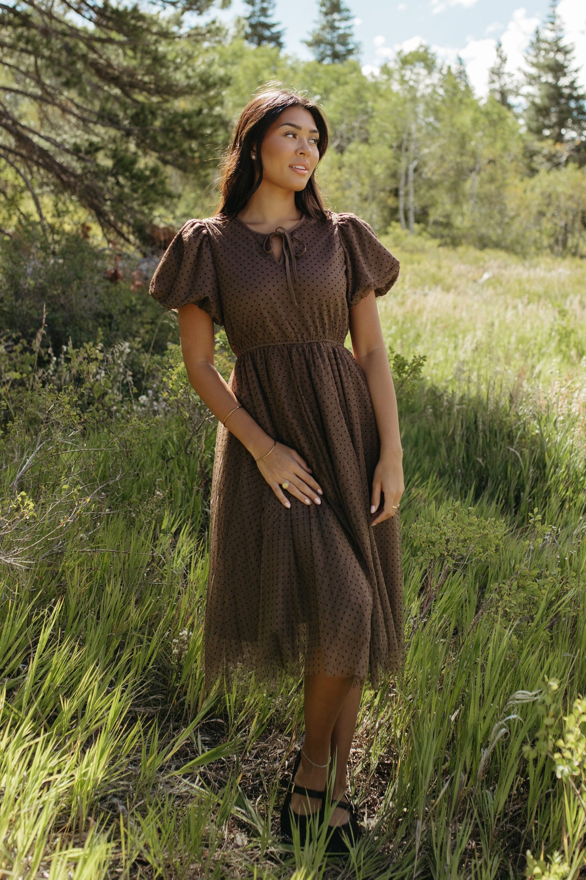 THE NATALIE POLKA DOT MIDI DRESS IN MOCHA