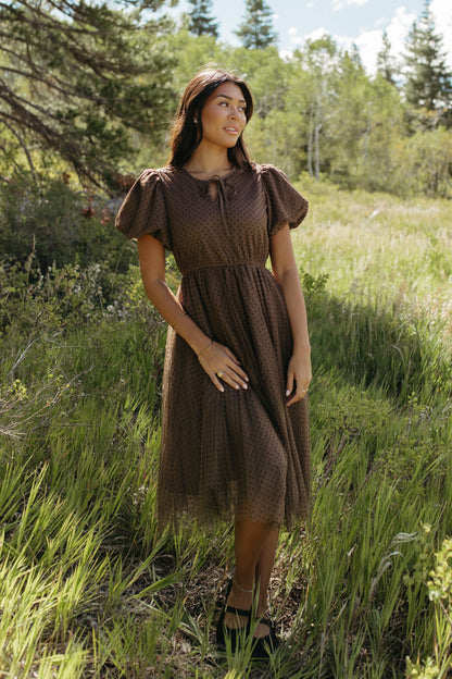 THE NATALIE POLKA DOT MIDI DRESS IN MOCHA