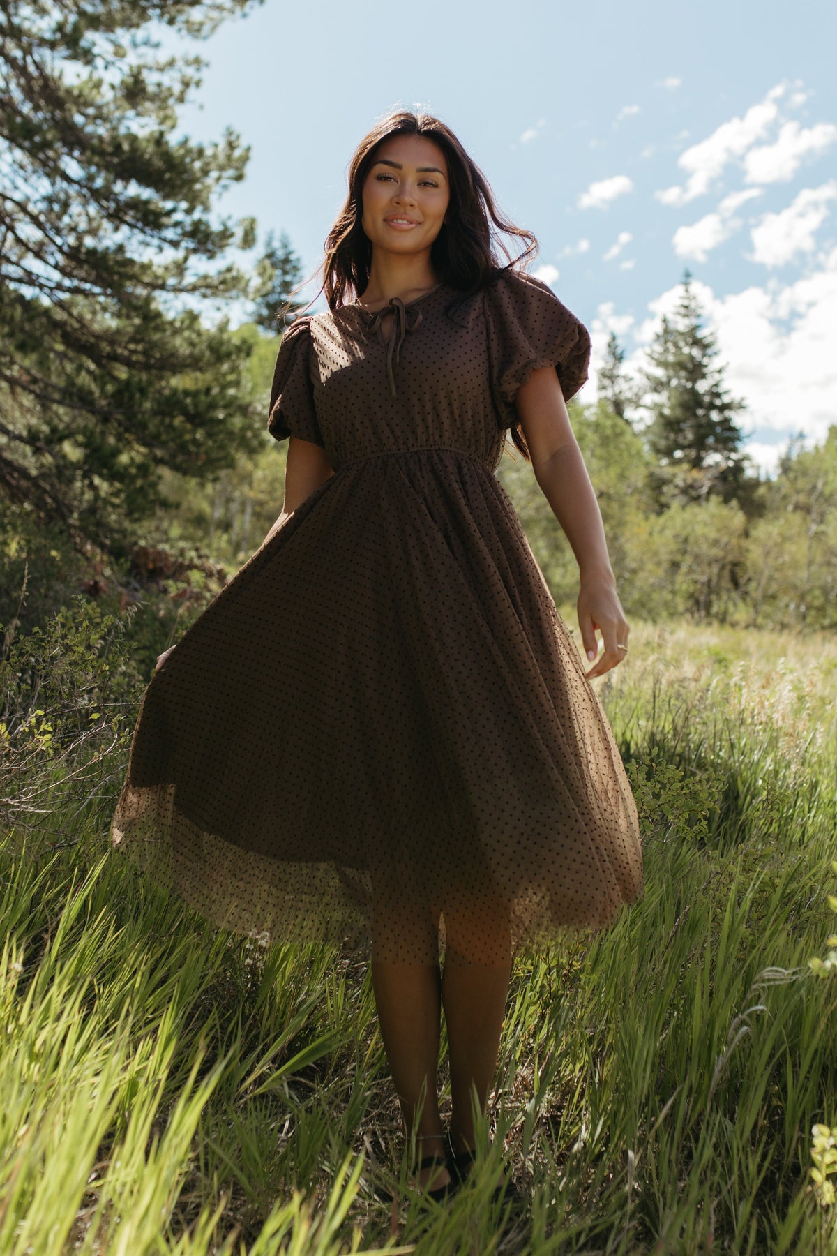 THE NATALIE POLKA DOT MIDI DRESS IN MOCHA