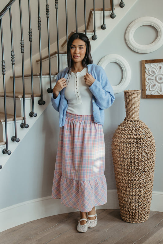 THE GIANNA GINGHAM MIDI SKIRT IN CORAL