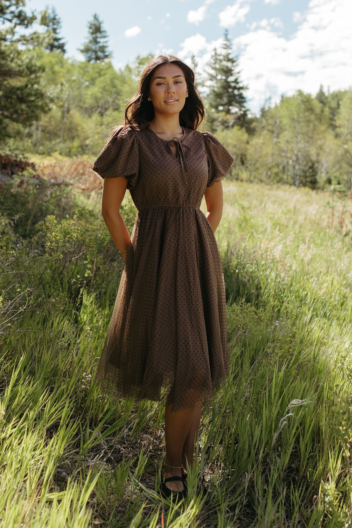 THE NATALIE POLKA DOT MIDI DRESS IN MOCHA