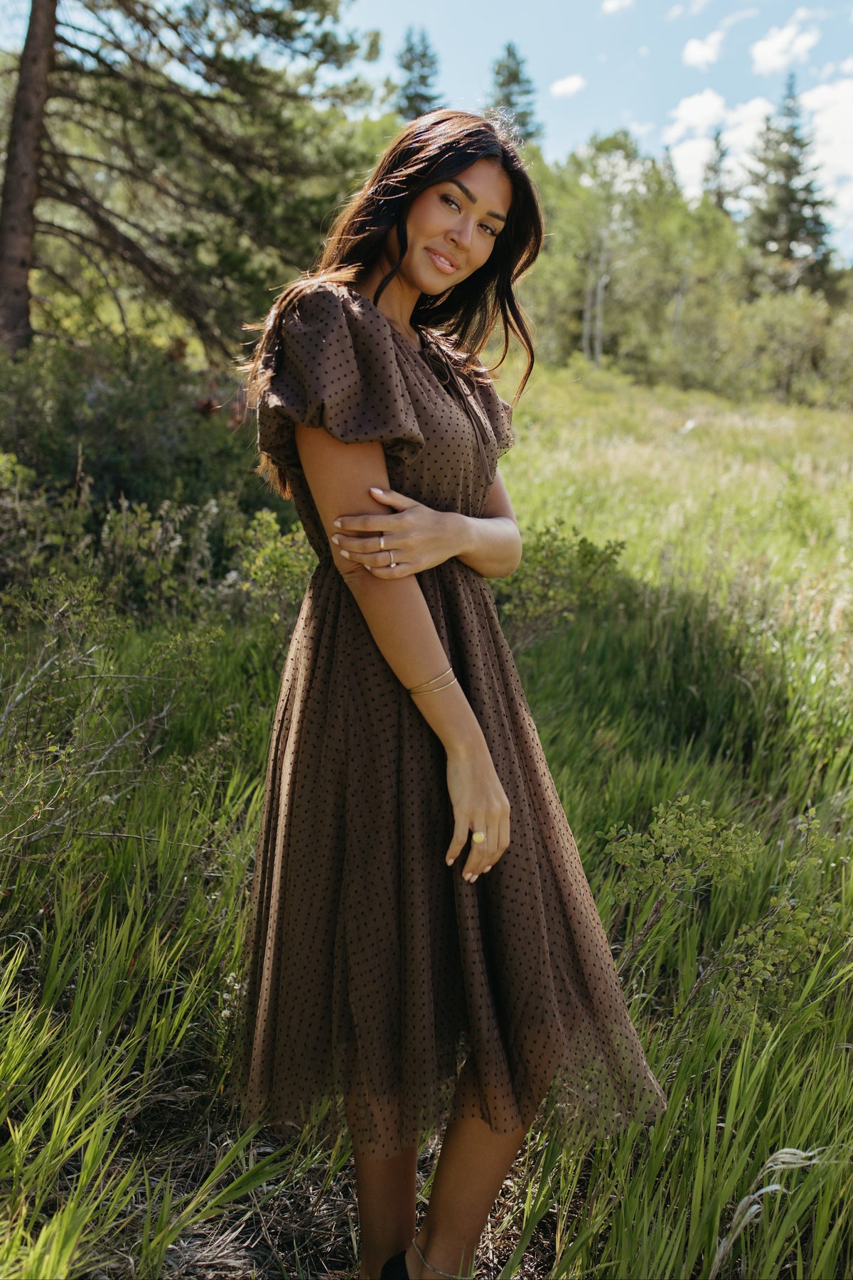 THE NATALIE POLKA DOT MIDI DRESS IN MOCHA