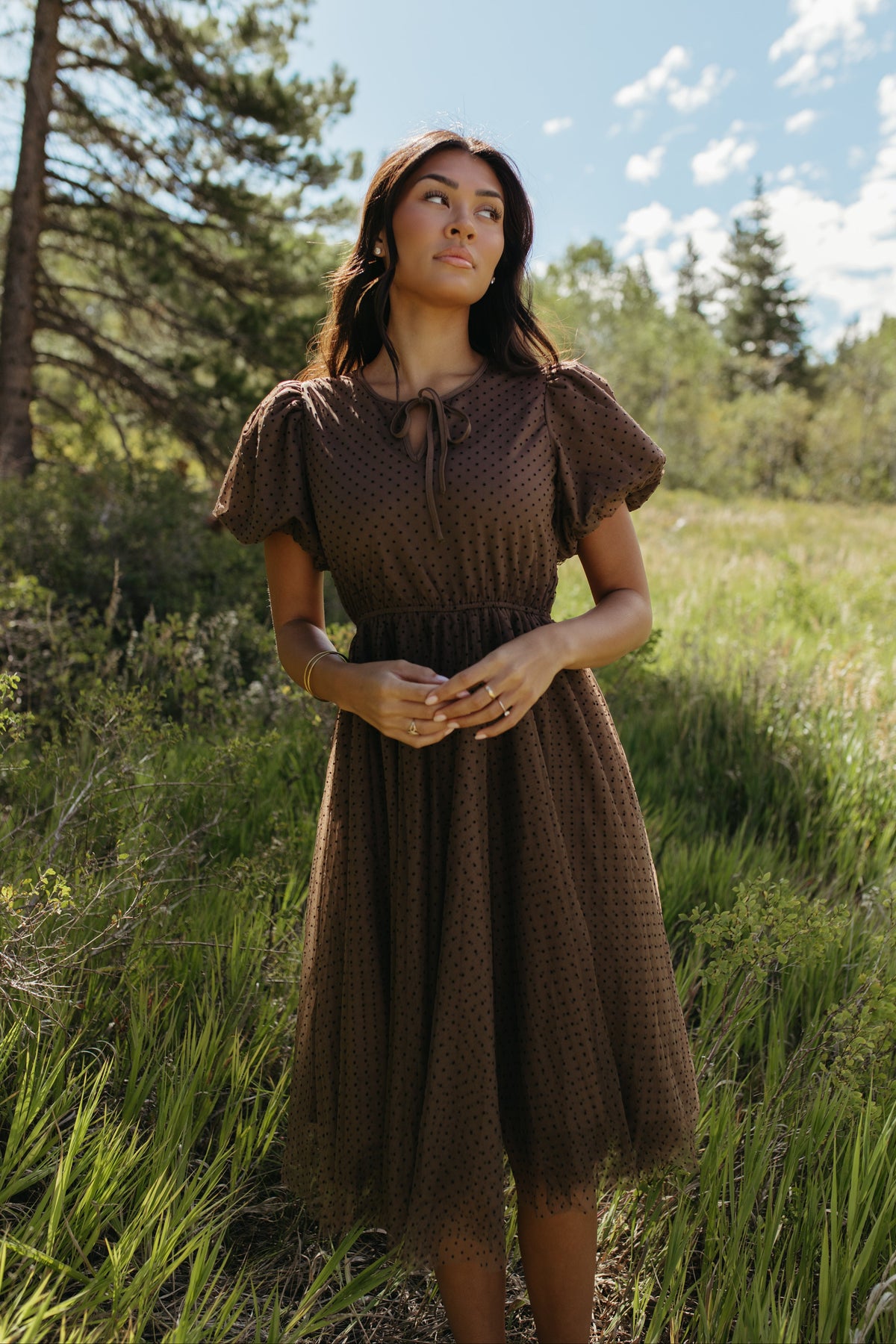 THE NATALIE POLKA DOT MIDI DRESS IN MOCHA