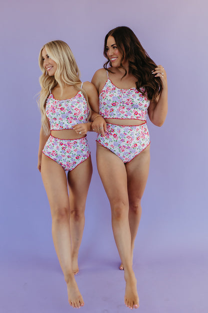 RUFFLE SWIM TOP IN CORAL BLOSSOM BY PINK DESERT X SARAH TRIPP
