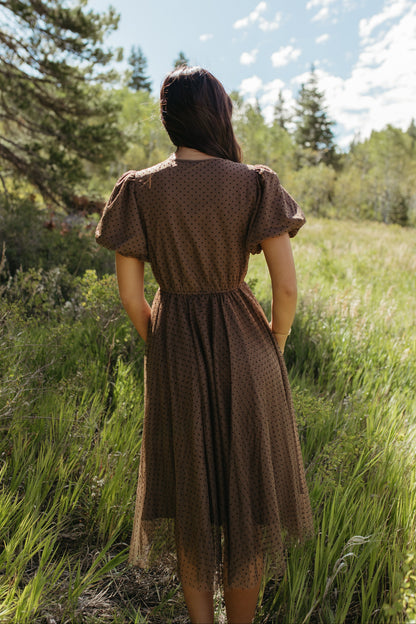 THE NATALIE POLKA DOT MIDI DRESS IN MOCHA
