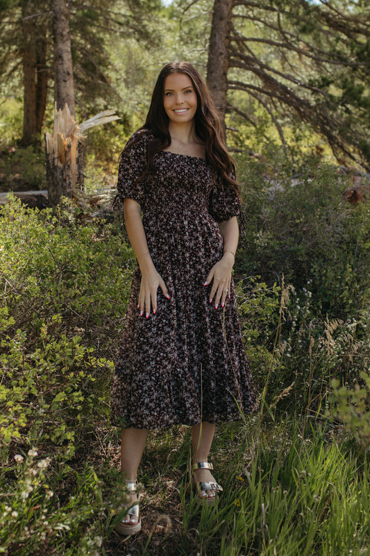 THE HOLLY FLORAL DRESS IN BROWN