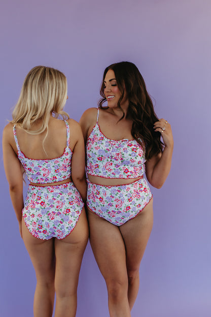 RUFFLE SWIM TOP IN CORAL BLOSSOM BY PINK DESERT X SARAH TRIPP