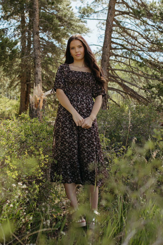 THE HOLLY FLORAL DRESS IN BROWN