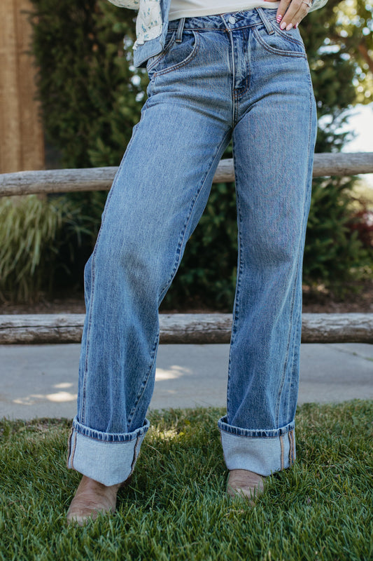 THE ROMY MID RISE CUFFED PANEL JEANS