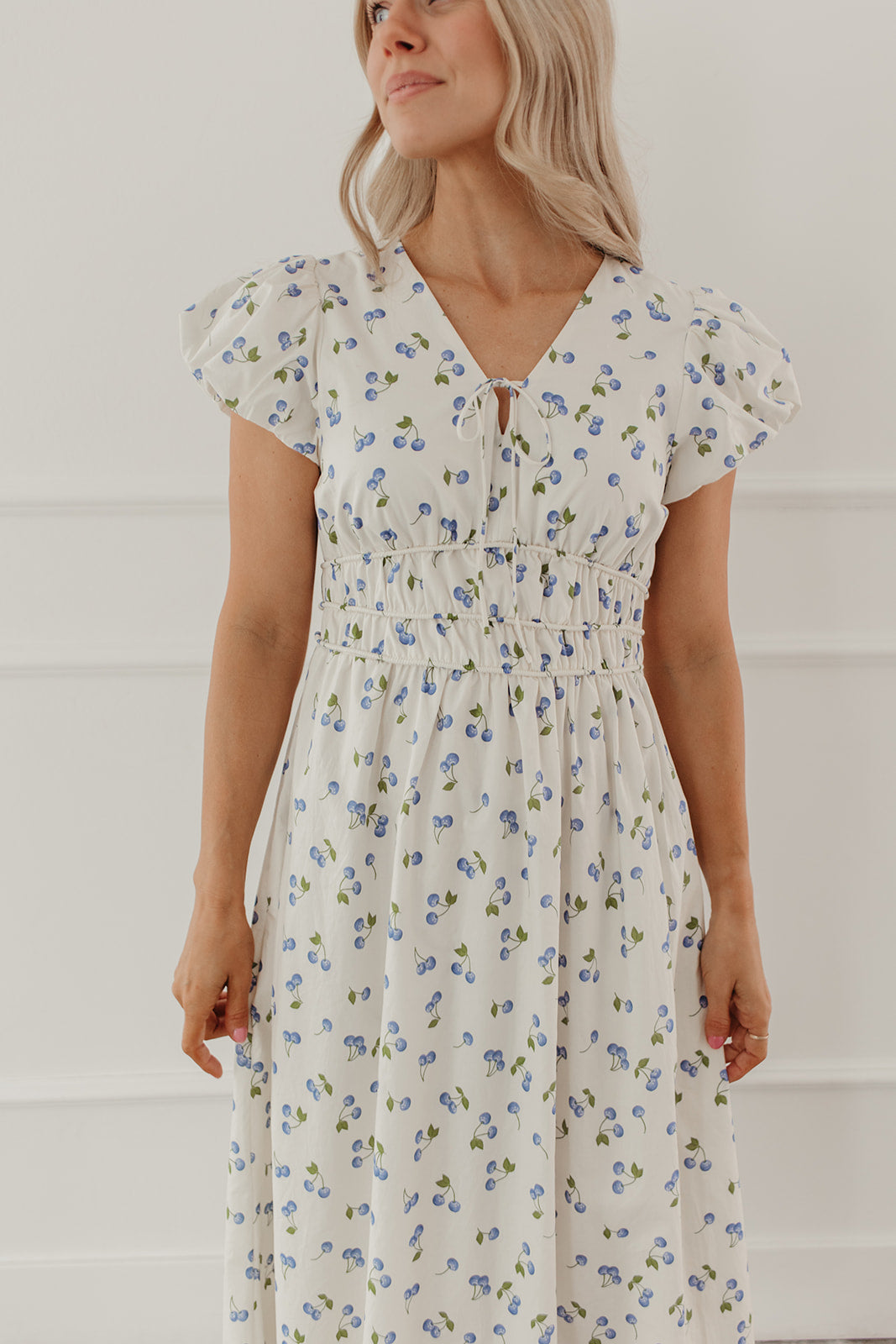 blueberry midi dress Blueberry Tie Waist Midi Dress, Latte Flora