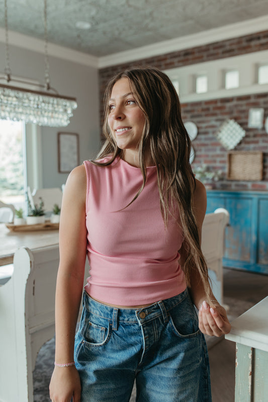 THE LAINEY MOCK NECK RIBBED KNIT TOP