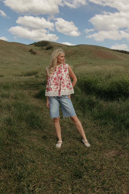 THE MONROE VICTORIAN BOTANIQUE RUFFLE NECK BLOUSE IN RED/WHITE