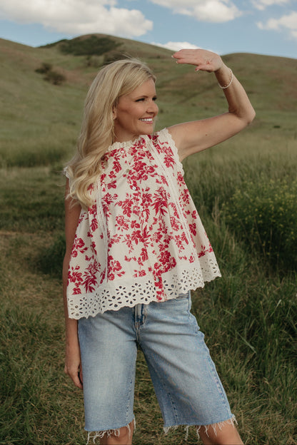 THE MONROE VICTORIAN BOTANIQUE RUFFLE NECK BLOUSE IN RED/WHITE