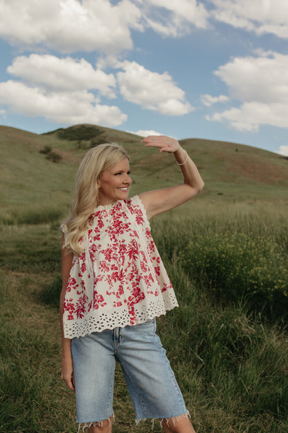 THE MONROE VICTORIAN BOTANIQUE RUFFLE NECK BLOUSE IN RED/WHITE