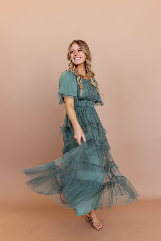THE ALISON TULLE DRESS IN PINE