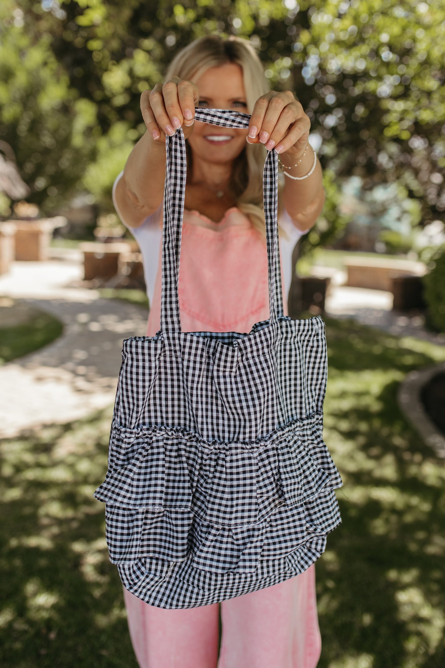 THE KAITLYN GINGHAM RUFFLE BAG IN BLACK