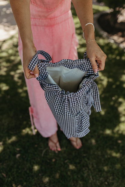 THE KAITLYN GINGHAM RUFFLE BAG IN BLACK