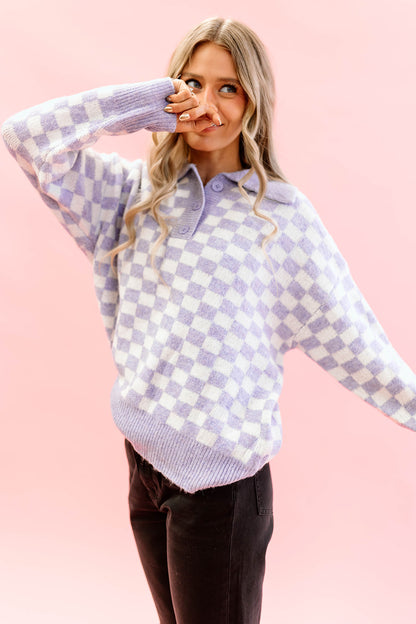 THE LYLA COLLARED SWEATER IN LILAC CHECKER