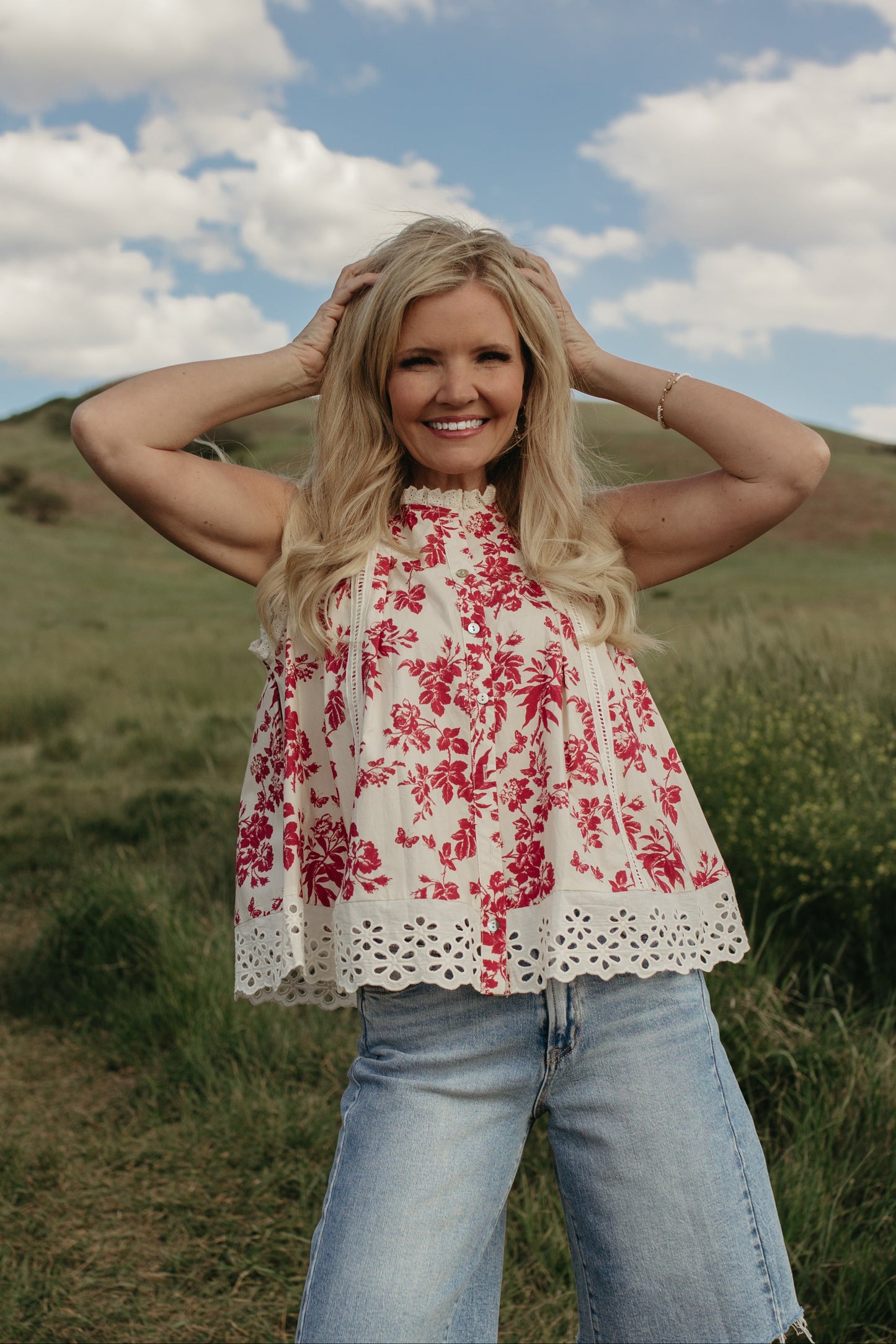 THE MONROE VICTORIAN BOTANIQUE RUFFLE NECK BLOUSE IN RED/WHITE