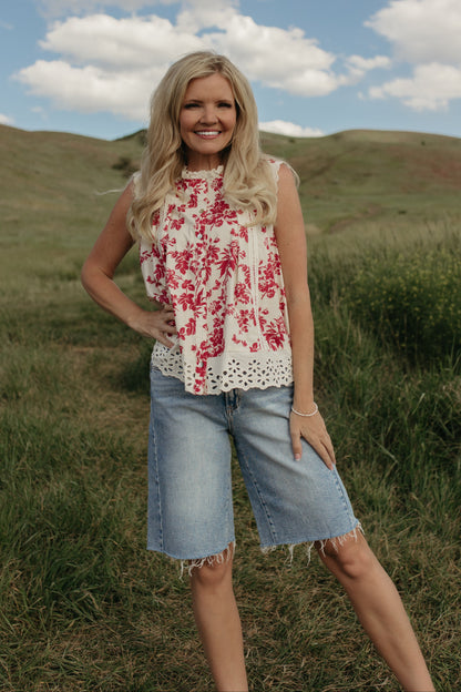 THE MONROE VICTORIAN BOTANIQUE RUFFLE NECK BLOUSE IN RED/WHITE