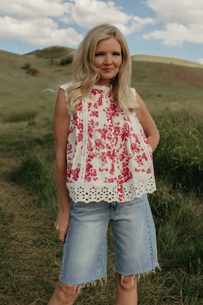 THE MONROE VICTORIAN BOTANIQUE RUFFLE NECK BLOUSE IN RED/WHITE
