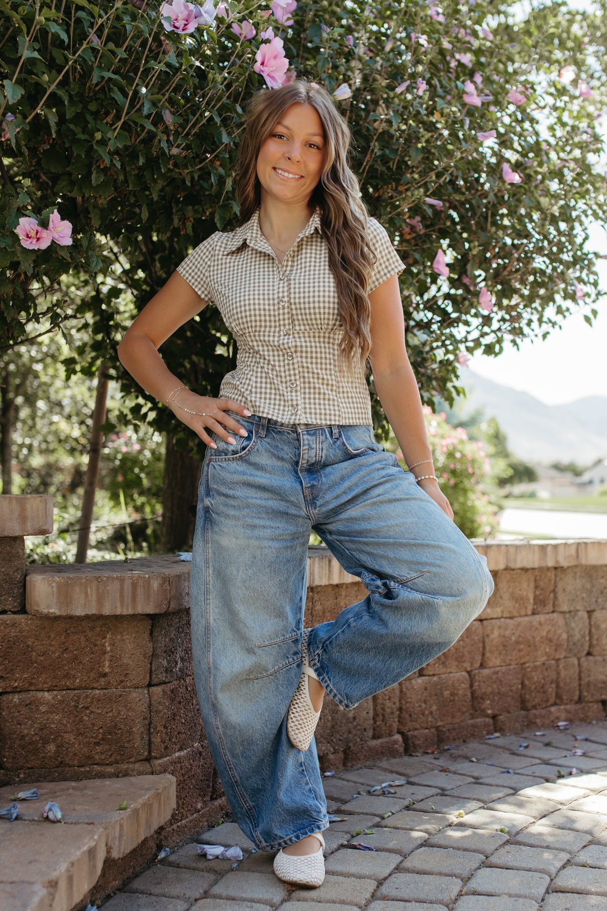 THE BRIANNA GINGHAM SHORT SLEEVE COLLARED TOP IN BROWN