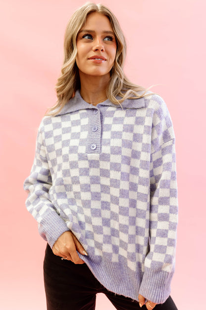 THE LYLA COLLARED SWEATER IN LILAC CHECKER