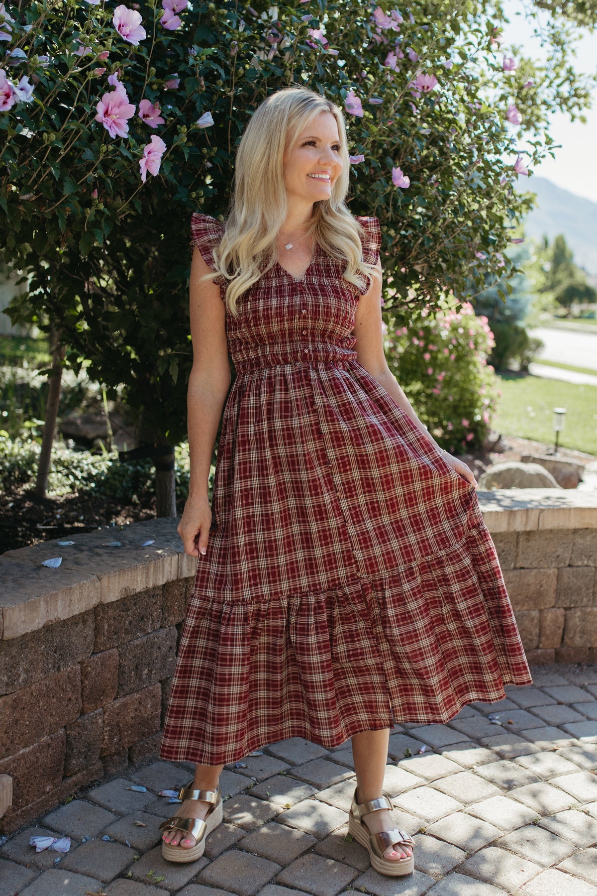 THE GIOVANNA PLAID MIDI SMOCKED DRESS IN BURGUNDY