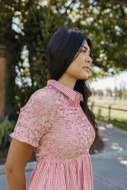 THE ODESSA SMOCKED RED GINGHAM DRESS
