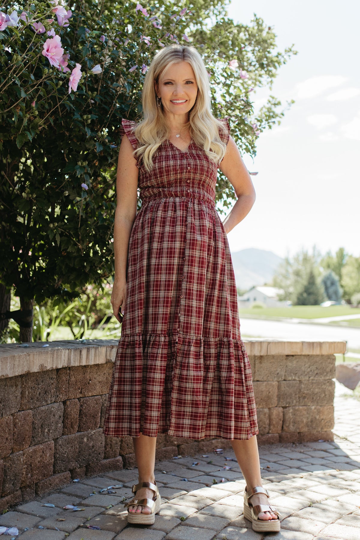 THE GIOVANNA PLAID MIDI SMOCKED DRESS IN BURGUNDY