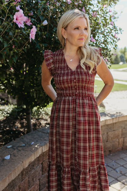 THE GIOVANNA PLAID MIDI SMOCKED DRESS IN BURGUNDY